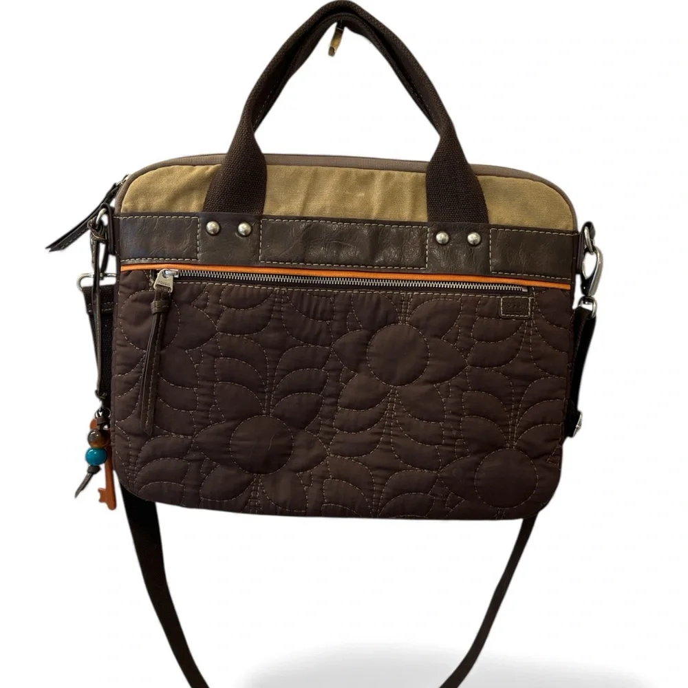 Fossil Laptop Tote Quilted Brown Work Bag Leather Trim